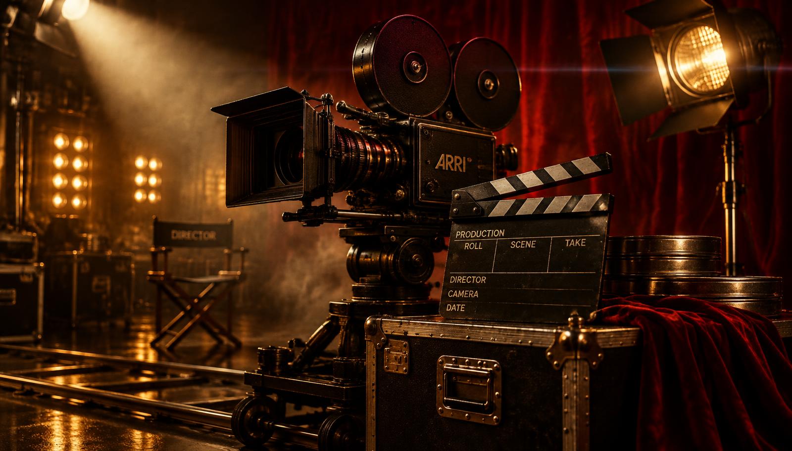 Film camera and clapperboard on a soundstage lit by warm spotlights