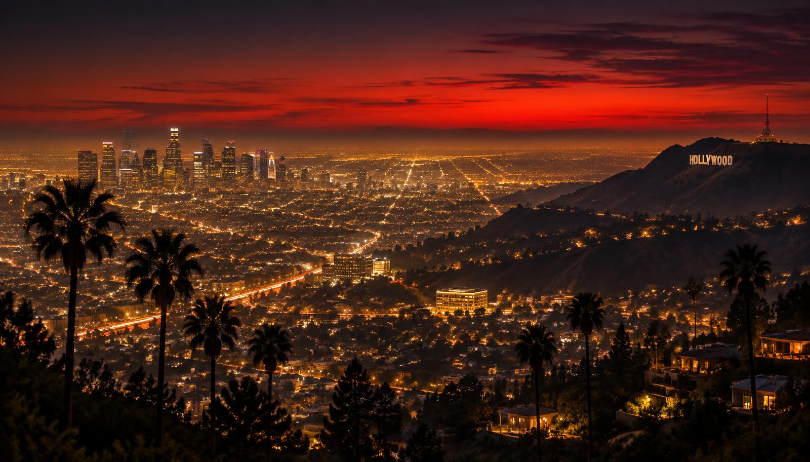 Los Angeles basin and Hollywood hills glowing at dusk