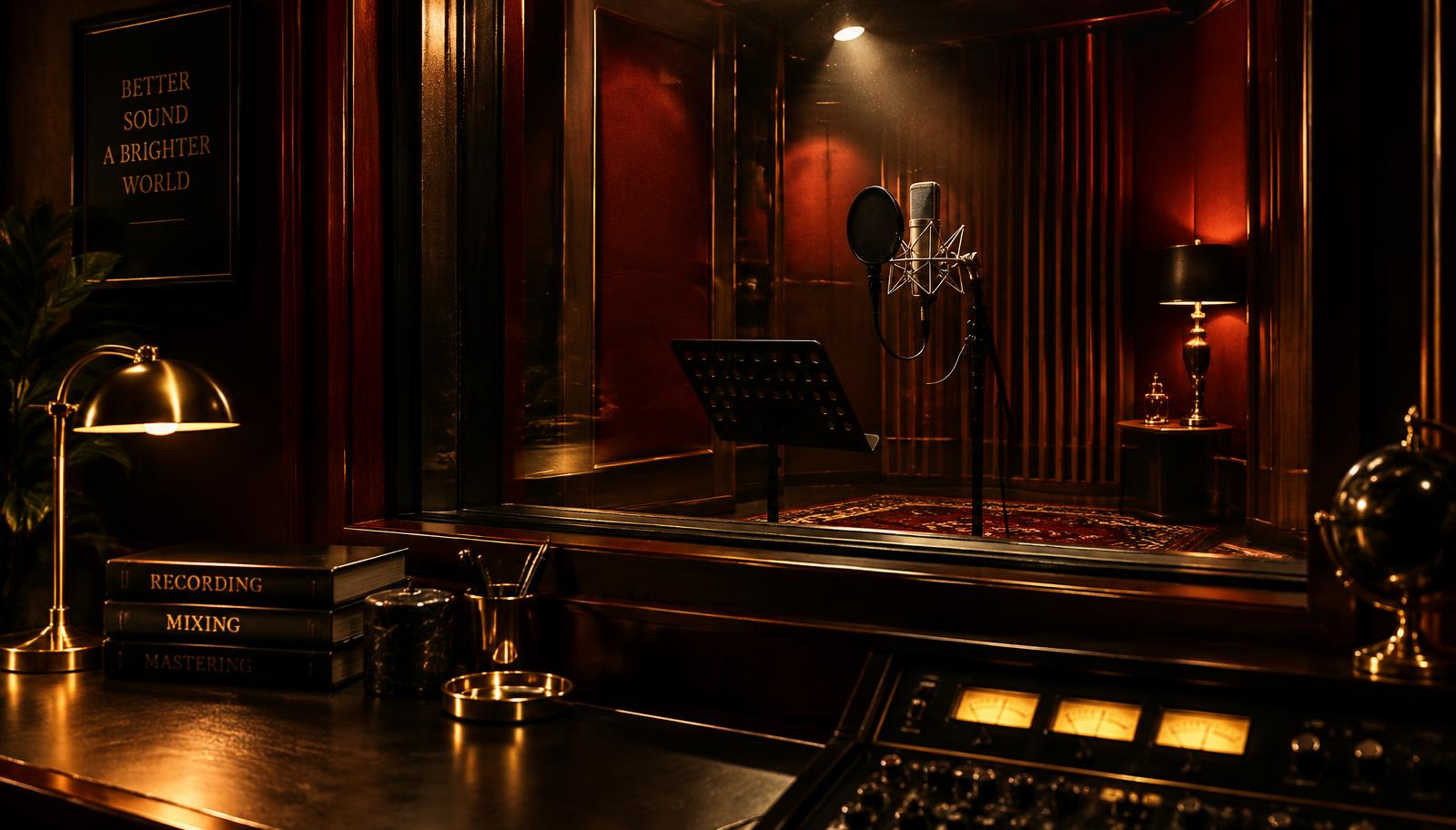 Microphone inside a voiceover booth with warm lamp light