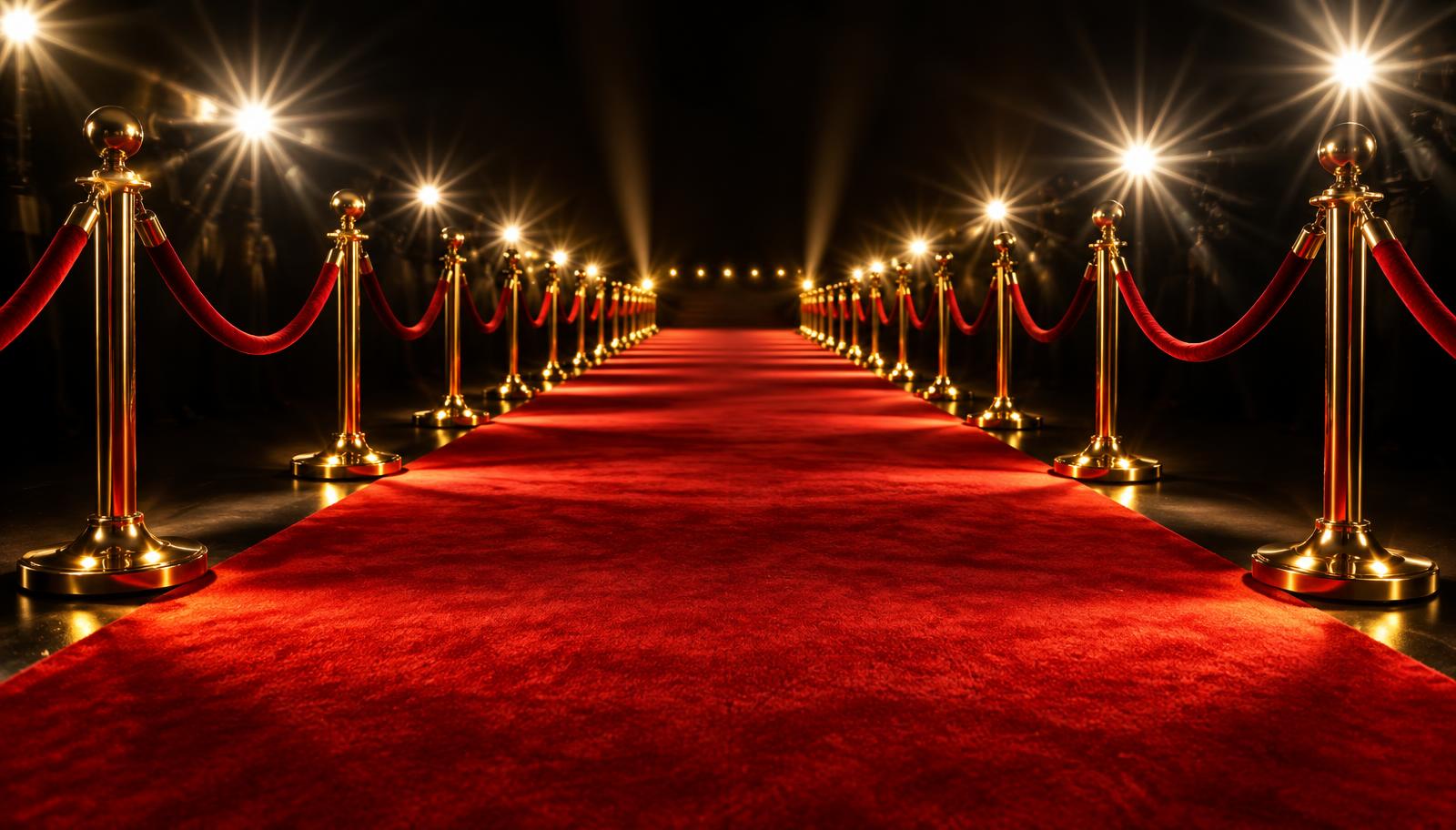 Empty red carpet lined with gold stanchions under camera flashes