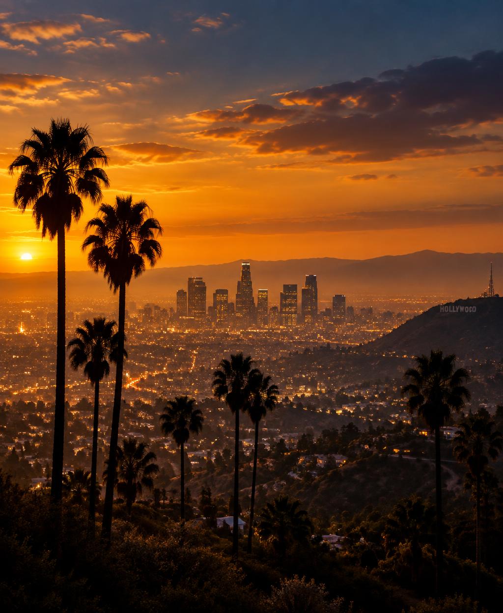 Palm trees above the Los Angeles skyline at golden dusk with the Hollywood hills